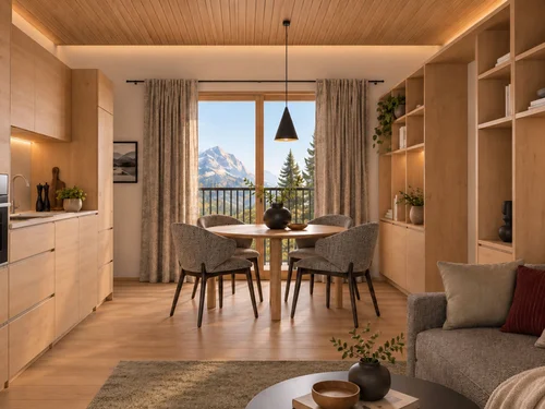 Hotel in Lech am Arlberg mit Ski-in/Ski-out | Hotel Panorama Holzverkleidete Wohnküche mit Esstisch, Sofa und Blick auf Berge und Bäume