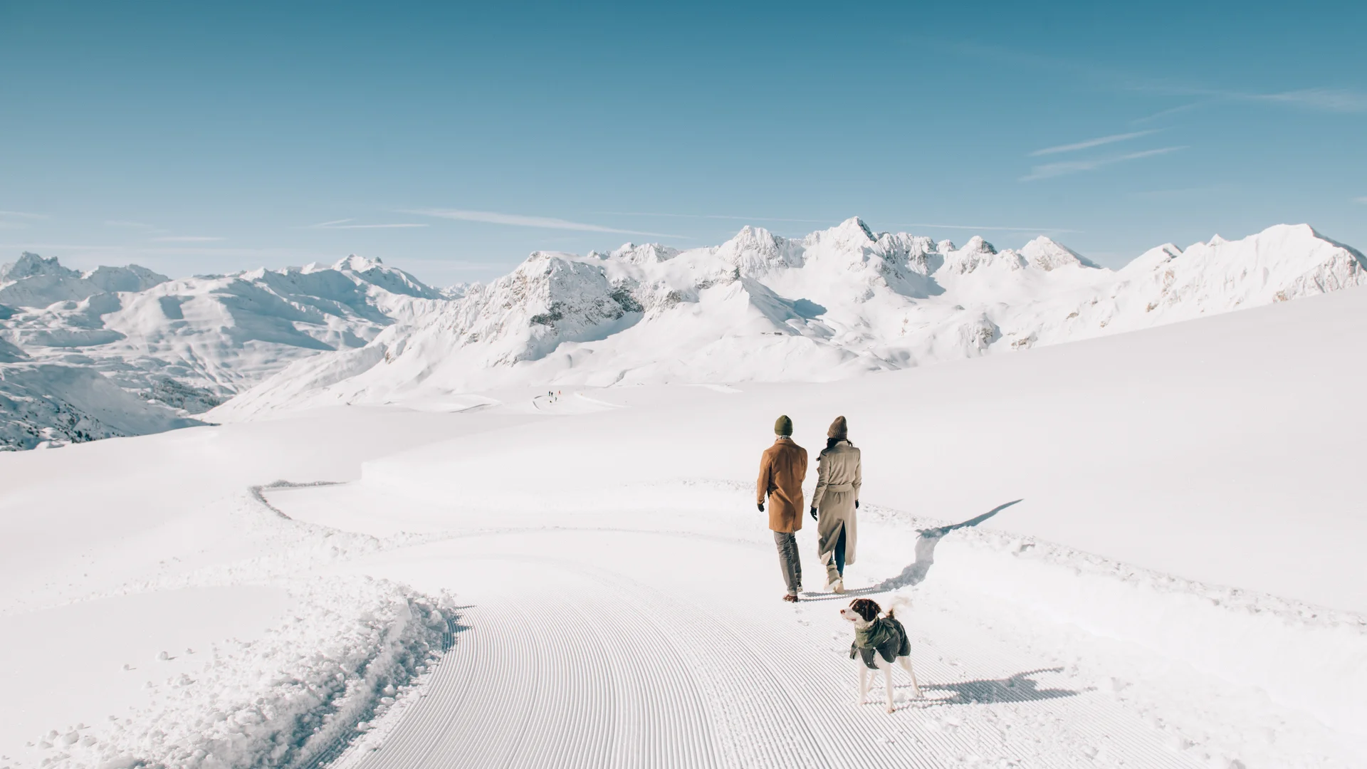 Hotel in Lech am Arlberg mit Ski-in/Ski-out | Hotel Panorama Zwei Personen mit Hund spazieren auf einem präparierten Schneepfad vor verschneiten Berggipfeln